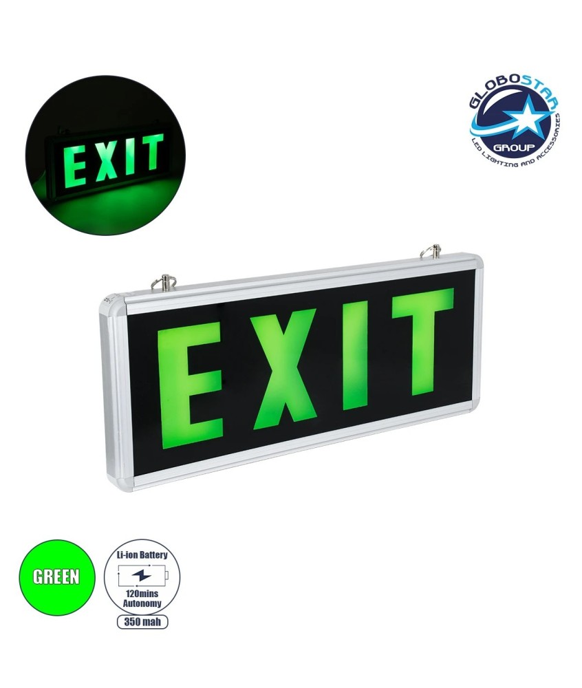 GLOBOSTAR® SENSATI 75663 Διακοσμητικό Φωτιστικό Τοίχου Ένδειξης - Σήμανσης "EXIT" LED 1W 40lm 90° AC 220-240V με Επαναφορτιζόμενη Μπαταρία Li-ion 3.7V 350mAh IP20 Πράσινο - Μαύρο & Πράσινο - Μ35 x Π14 x Υ3.3cm - 2 Χρόνια Εγγύηση